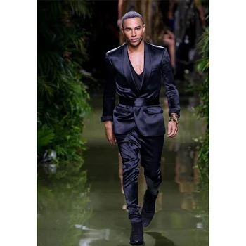 2023 Jauns 2-Gabals Black Vīriešu Uzvalki Zīda Satīna Dizaineru Puses Valkāt ar Jostu Modes Biznesā, par Labāko Vīriešu Sasniedza Atloks, Žakete Komplekts