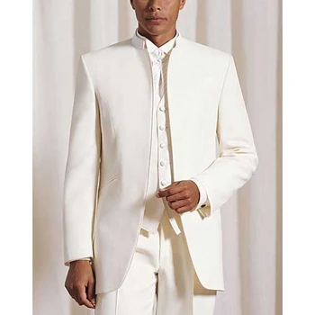 Kostīmi Vīriešu Modes Smart Casual Līgavainis Kāzu Uzvalku tīrtoņa Krāsu Stand Apkakli Balto Vīriešu Žakete Elegants Uzvalks Slim Fit 3 Gabalu