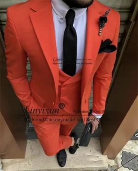 Modes Orange Vīriešu Uzvalki Iecirtums Atloks Līgavainis Kāzu Uzvalku 3 Gabali Komplekts Vīriešu Balli Puses Žakete Slim Fit Ropa hombre Kostīmu Homme