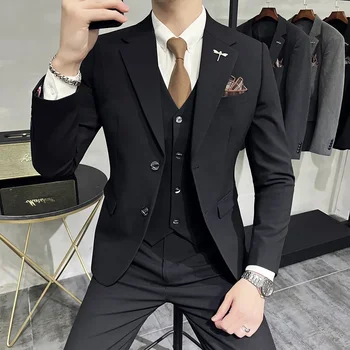Plus Lieluma 7XL 6XL Vīriešiem Formālas Biznesa Cietā Uzvalks 3 standartsituācijas Classic Slim Fit Vīriešu Kāzu Uzvalku ( Žakete + Veste + Bikses)