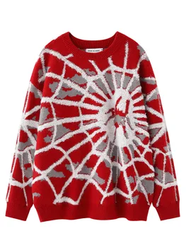 Hip Hop Spider Web Džemperis Harajuku Sievietēm Pāris Neglīts Vīrietis O-Veida Kakla Blūze Vintage Trikotāža Jauno Gadu Sarkans Amerikāņu Modes Outwear