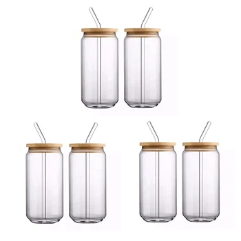 [ 6Pcs Set] (iestatīt) Stikla Krūzes Ar Bambusa Iesmi Un Stikla Salmiņu - Alus Formas Glāzes, 16 Oz Ledus Kafijas Dzeršanai