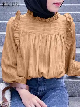 ZANZEA Stilīgs, Elegants Musulmaņu Blūze Vintage Brīvs Krekls Sievietēm Pavasari ar garām Piedurknēm Modes Topi Femme Puse Islāma Apģērba 2023