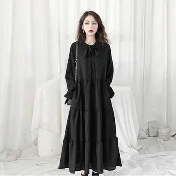 Pavasara Sieviešu Kleitas Gadījuma Pilnu Piedurknēm Ar Melnu Tauriņu Kakla Puse, Elegants Vintage Kleita Mujer Vestidos Streetwear Sieviešu Apģērbs