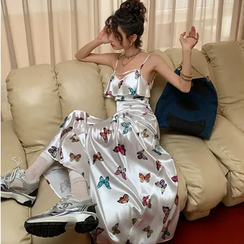 Franču Modes Dizaina Sexy Gara Kleita Vasaras Sieviešu Tauriņš Šiks Puse Vakarā Korejiešu Kleita Bez Piedurknēm, Elegants Satīna Drēbes