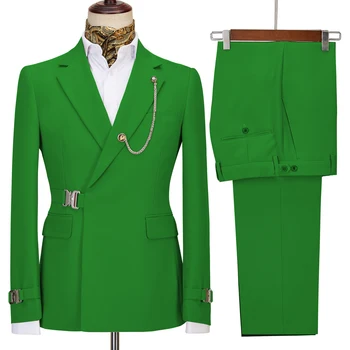 Vīriešu Elegants Uzvalks 2 Gabali Modes Metāla Sprādzes Jaka Boutique Business Casual žakete Līgavainis Kāzu Kleitu (Bleizeri+Bikses)
