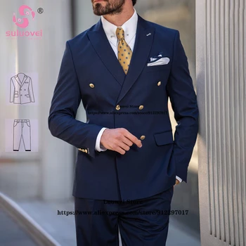 Modes Tumši Zila Dubultā Krūtīm, Uzvalki Vīriešu Slim Fit 2 Gabals Bikses Uzstādīt Oficiālu Līgavaiņiem Kāzu Vakariņas Tuxedos Žakete Masculino