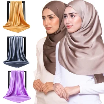 Klasiskās Turban Satīna Hijab Šalle 90cm Kvadrātveida Šalles Islāma Produktu Musulmaņu Sieviešu Galvassega Foulard Femmes Hijab
