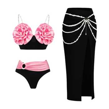 2024 Vintage 3D Ziedu Noņemams Pērle Siksna Bikini SetSwimsuit un Svārki Sievietēm Beachwear sieviete Peldkostīmi Luksusa peldkostīms