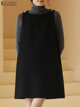 Modes Zeķu Mini Sundress ZANZEA Sieviešu Spageti Siksnas Kleita Vintage Pogu Tvīda Vestidos Gadījuma Brīvs O-veida kakla Īss Halāti