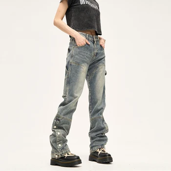 Vintage-iedvesmoja Džinsi Sievietēm ar Augstu Starām. Poga-Front Streetwear Bikses Boyfriend Jeans Sieviešu Loose-Fit Džinsa Bikses