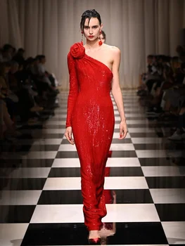 Luksusa Balles Tērpi Sievietēm Sarkanā Vienotā Garām Piedurknēm Aplikācijas Ilgi Sequines Gilitter Kleitu Elegants Ziemassvētku Vakara Puse Kleitas