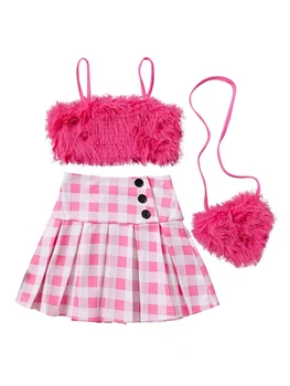 Bērniem Girl Vasaras Apģērbs bez Piedurknēm Kamzolis Elastīgs Pleds Kroku Svārki Crossbody Soma Set 3Pcs Cute Apģērbs