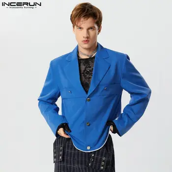 2023 Vīriešu Žakete tīrtoņa Krāsu Atloks ar garām Piedurknēm Pogas Rudens Ikdienas Tērpi, Streetwear Modes Vīrietis Nelegālo Svārkus S-5XL INCERUN
