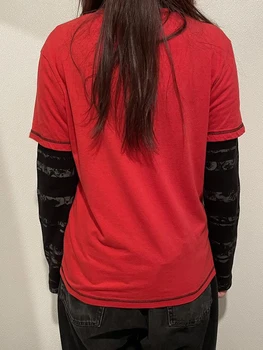 Sievietēm s Grunge Topi Anotācija Drukāt ar garām Piedurknēm ar Apaļu Kakla Brīvs T-Krekli Viltus divdaļīga Streetwear Topi