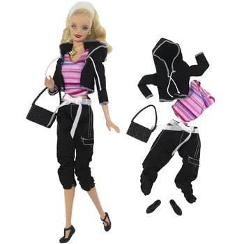Melns apģērbs set / mētelis + top + elsas + soma + kurpes / 30cm leļļu apģērbs atbilstu apģērbs 1/6 Xinyi FR ST Barbie Lelle / Xmas dāvanas