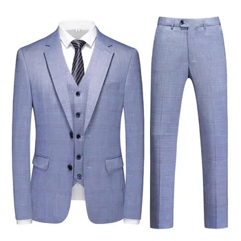 Plyesxale Elegantu Zilu Kāzu Uzvalki Vīriešu Slim Fit Korejas Modes Vīriešu Uzvalki 3 Gabals Kostīmu Homme Mariage Augstas Kvalitātes Q1373