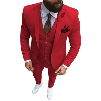 Vīriešu Uzvalks 3 Gabali Set Red Black Boutique Business Banketu, Kāzu Kleitu Vienu Pogu, Elegants Vīriešu Žakete Uzvalki (Žakete+Bikses+Veste)