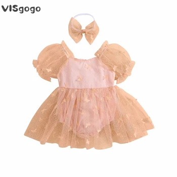VISgogo Baby Girl Romper 2 Gab Apģērbs, Īsās Puff Piedurknēm Volāns Apdares Sietu Romper Kleita + 3D Priekšgala Galvu Zīdaiņu Meitene Cute Komplekts