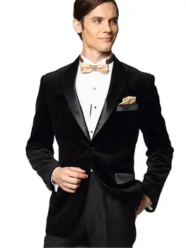 Labākais Vīriešu Melna Samta Mētelis Tuxedos par Groomsmen Tērpi Pasūtījuma 2Pc Žakete, Bikses Kāzu Tērpu Komplekti(Jaka+Melnas Bikses+Kaklasaiti)