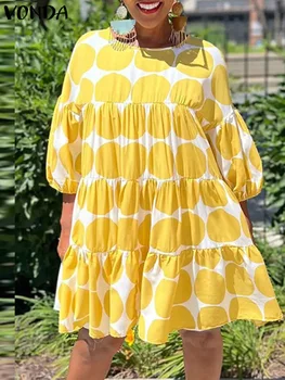 2024 VONDA Sieviešu Punkts Punktā Bohēmietis Dress Sexy Mini Sundress Vasaras Gadījuma 3/4 Laternu Piedurknēm Zaudēt Mežģīņu Puse Vestidos Drēbes