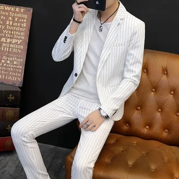 Boutique Jauns (Žakete + Bikses) Vīriešu Modes Svītrainām Biznesa Gadījuma Britu Stila Kungu Elegants Formāls Tērps 2-piece Set