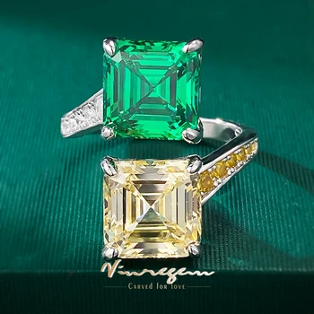 Vinregem Asscher Cut 10*10 MM, Emerald Citrine Dārgakmens Vintage 925 Sterling Sudraba Gredzenu, lai Atvērtu Sieviešu Jubilejas Dāvanas, Rotaslietas